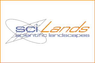 Ein Logo für Sci-Lands wissenschaftliche Landschaften in blau und orange