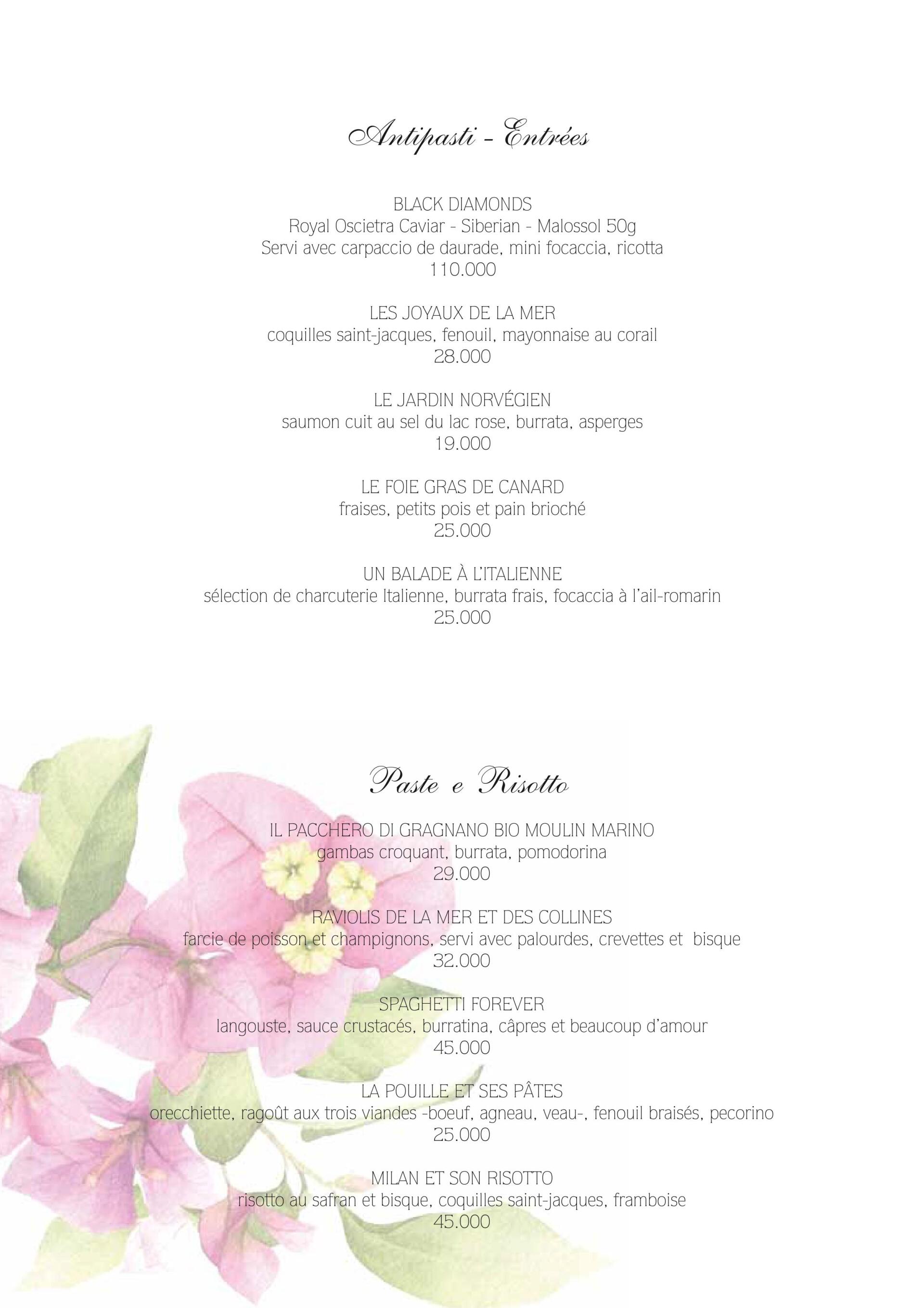 Menu décoré de fleurs, listant les entrées et les plats principaux.