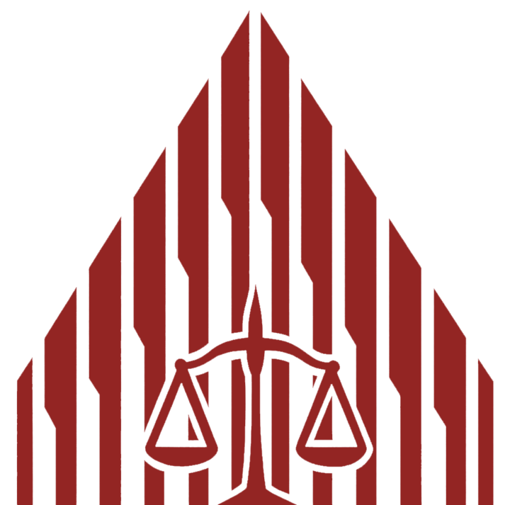 Scales of justice within a red and white geometric, angular design.