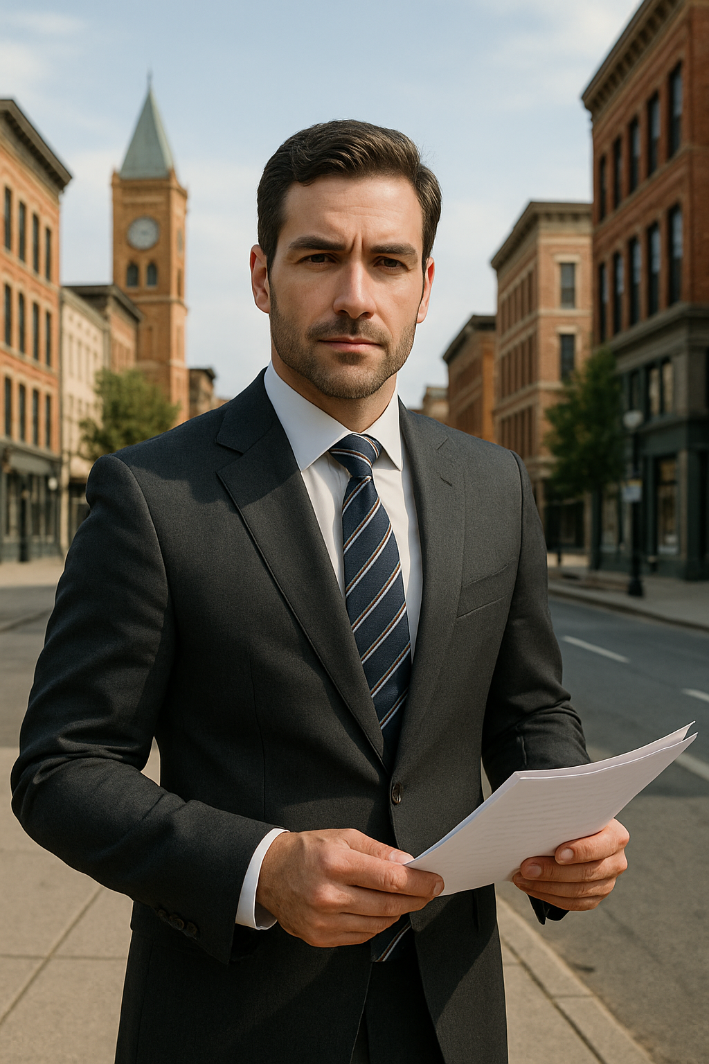 Man in a suit holding papers stands on a city street; brick buildings and clock tower in the background.