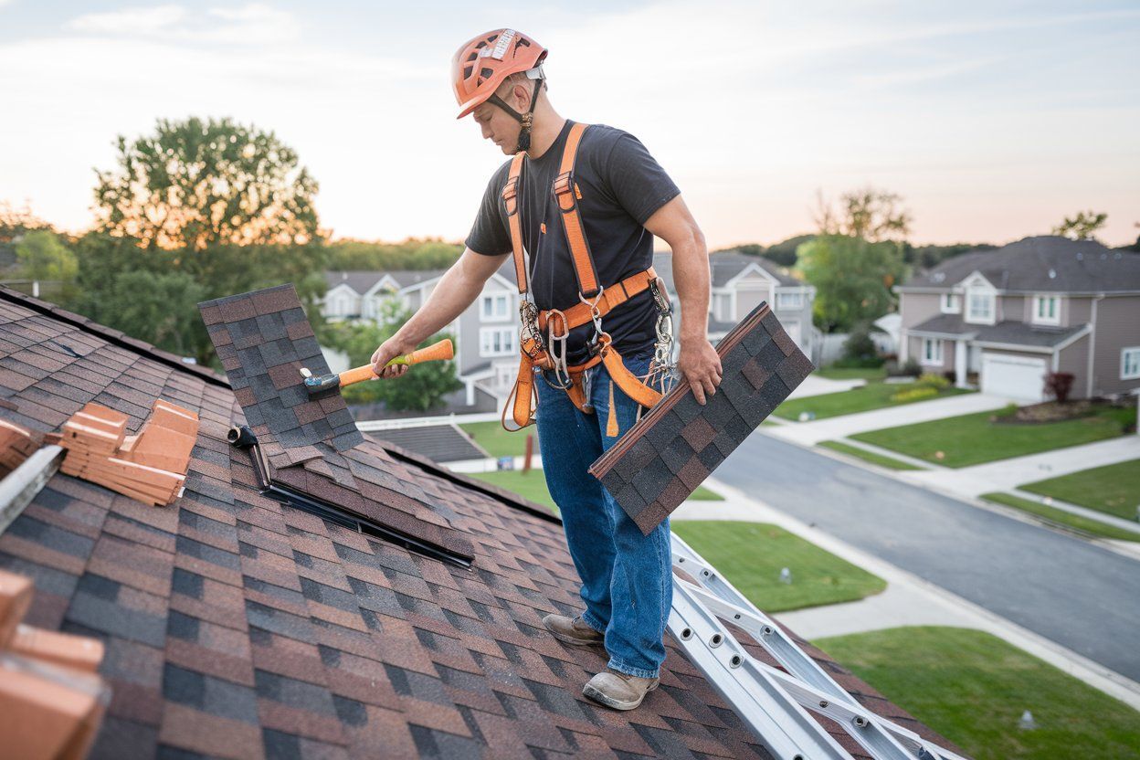A man is working on the roof of a house.