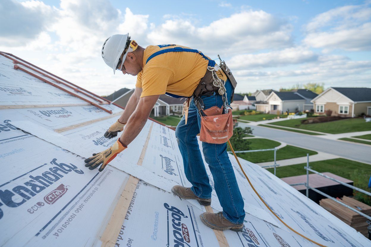 Roofer in hard hat and safety harness installs roofing material on a house under construction.