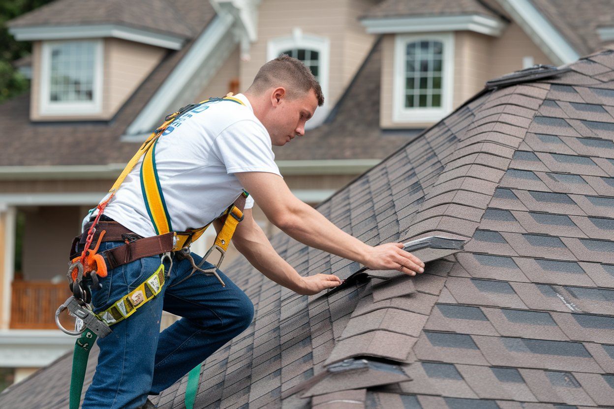 A man is working on the roof of a house.