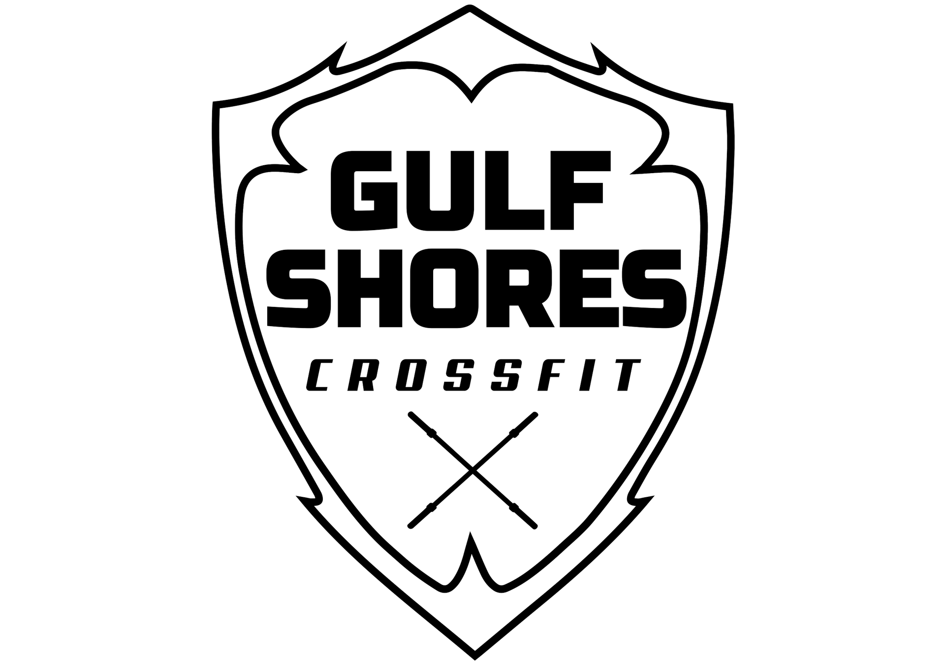 Gulf Shores CrossFit logo: Black and white shield with text and crossed lines.