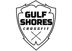 Gulf Shores CrossFit logo: Black and white shield with text and crossed lines.