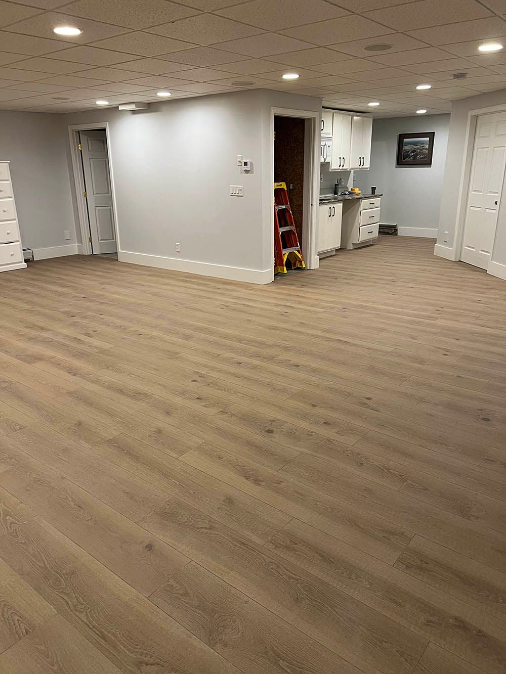 There is a ladder in the middle of the room in the basement.