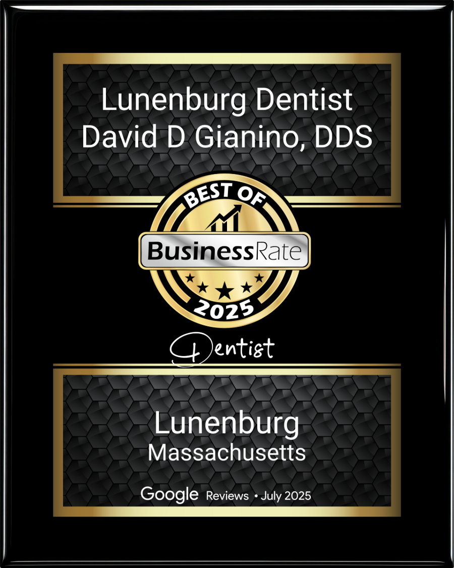 Award plaque: Lunenburg Dentist David D Gianino, DDS, Best of BusinessRate 2025. Listed under Lunenburg, Massachusetts.
