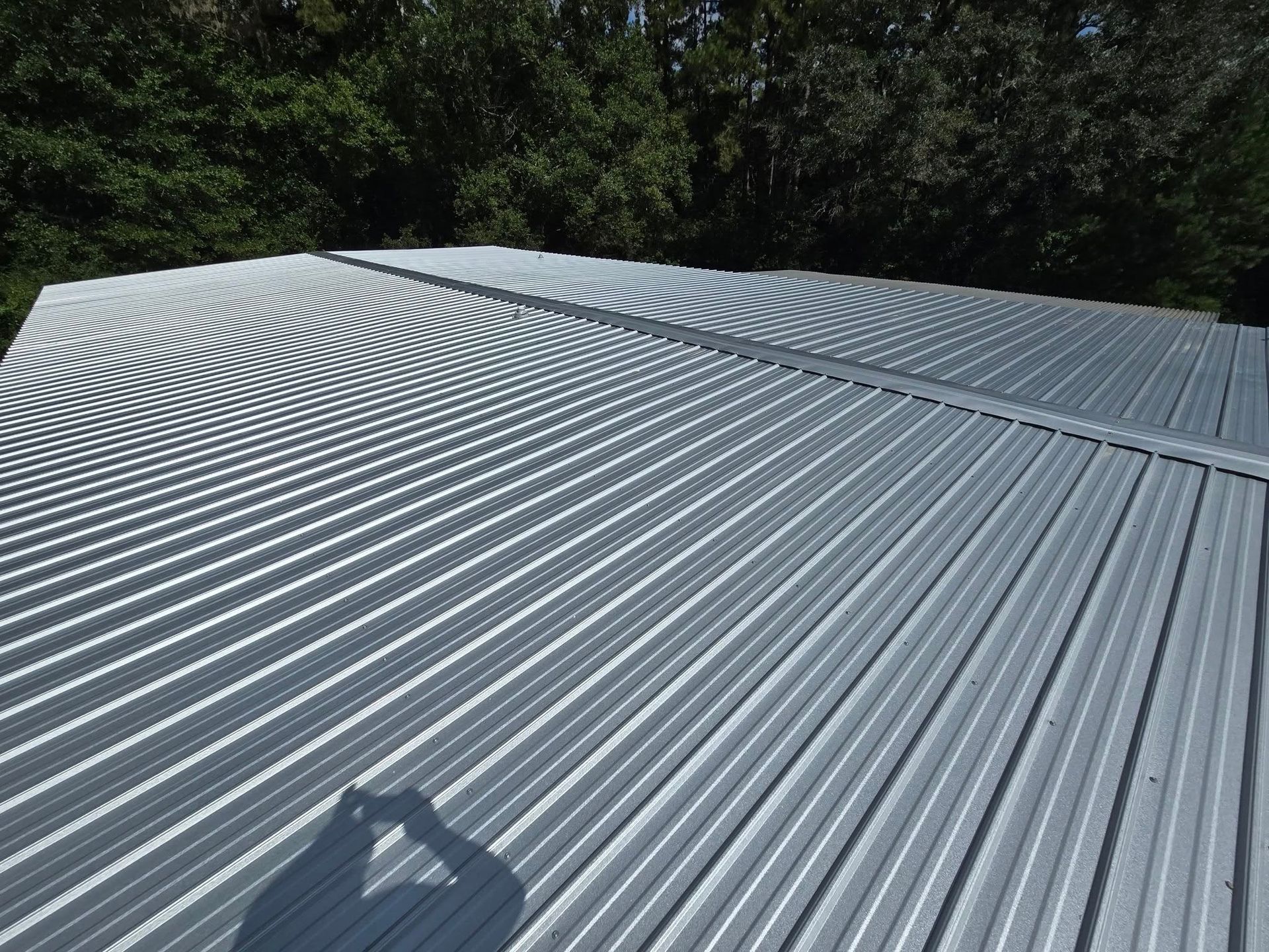 Gray corrugated metal roof, sunny day. Tree line in background.