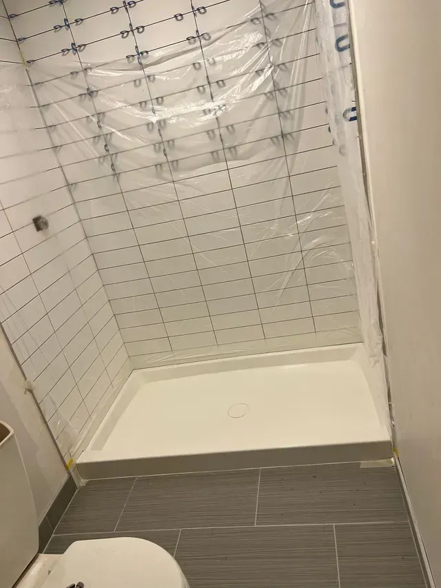 A bathroom with a walk in shower and a toilet.