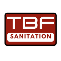 A red sign that says tbf sanitation on it