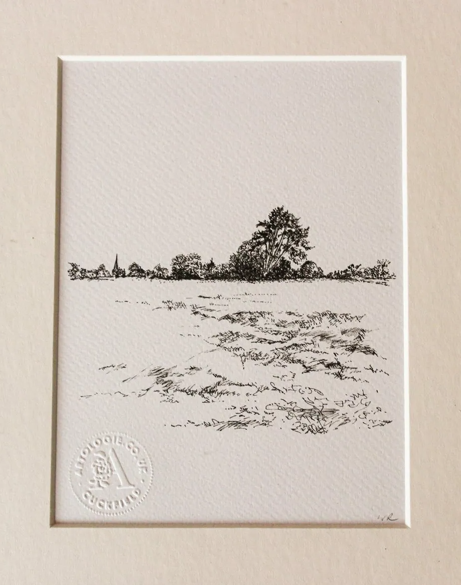 Black and white  fine line drawing print of the line of trees walking towards cuckfield church across ockenden field Cuckfield from original pen drawing by Wendy Rowark
