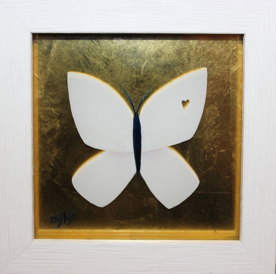 Gilded glass and oil painted white butterfly reverse glass painting original by Melanie Hodge