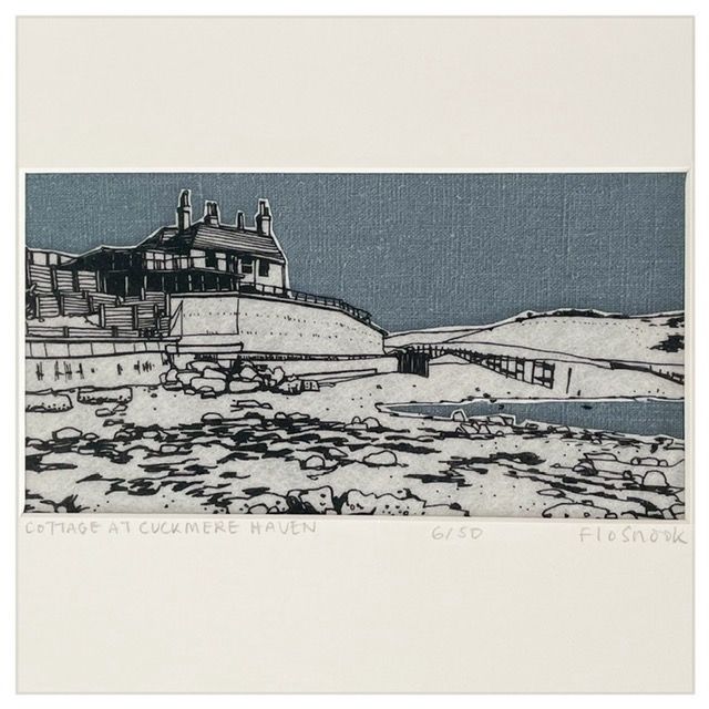Flo snook textile print grey blue linen with printed black line on ovrlayed white fabric ground view of cottages at cuckmere  haven