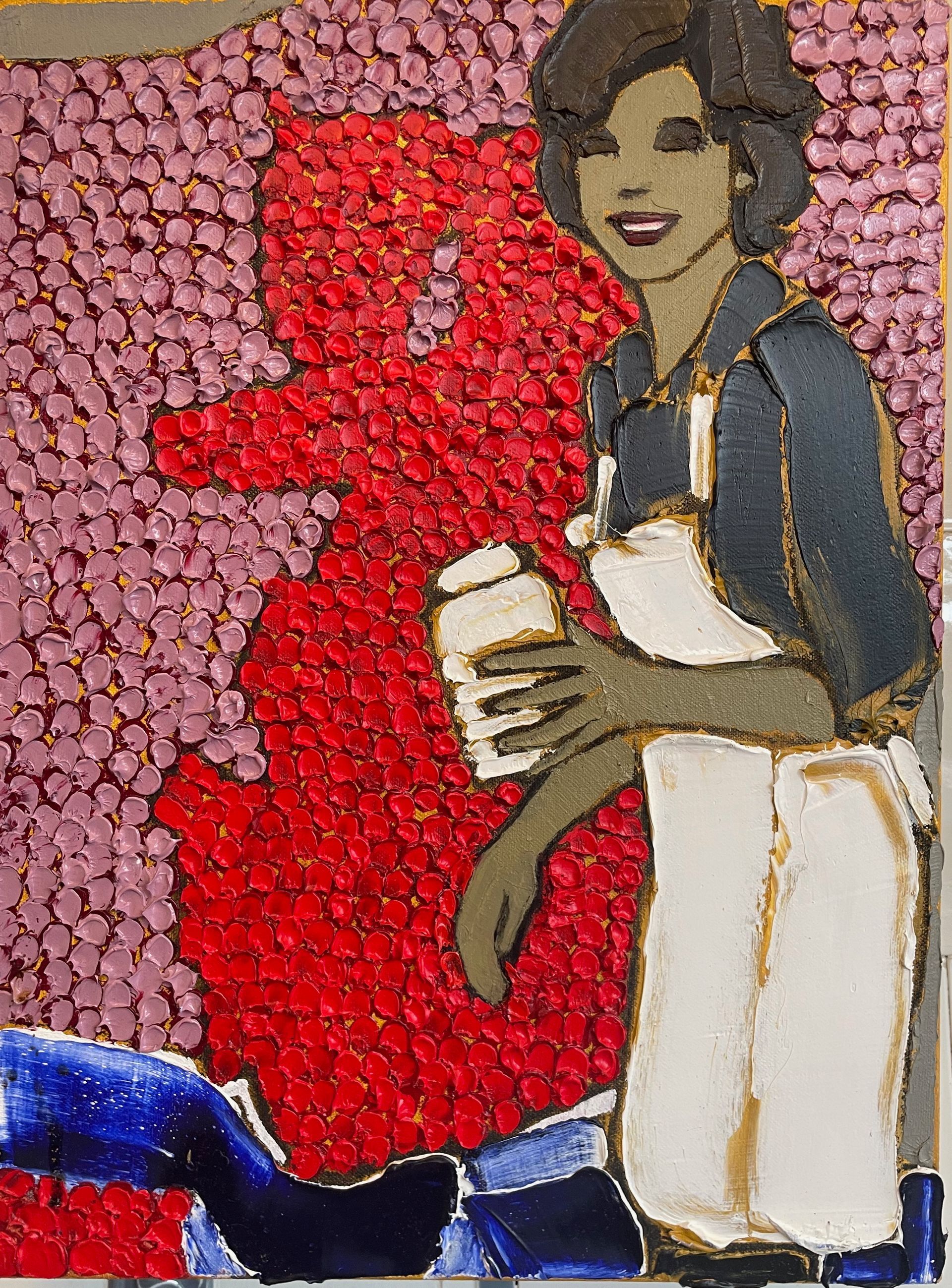 thick textured oil paint on canvas red and pink taken from a picture of the painter helen frankenthaler in her studio