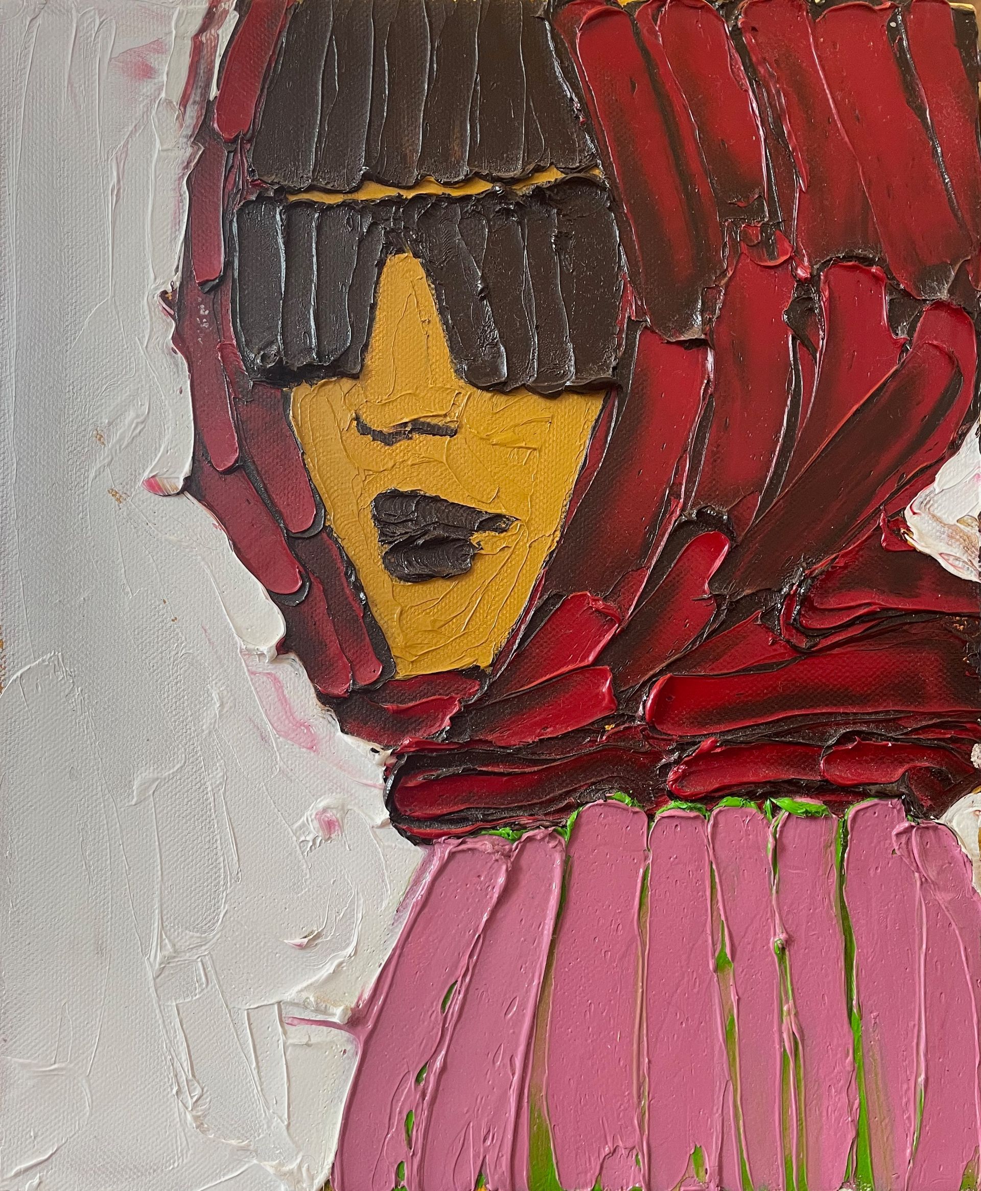 thick textured oil paint on canvas red and pink taken from a picture of a lady in a red scarf and dark sunglasses