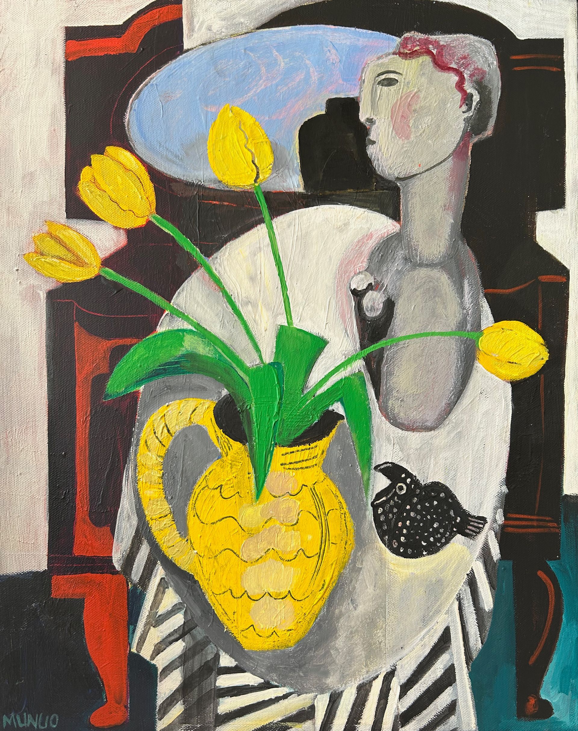 seated figure with girl in black top and yellow leggings against black and white checked floor and pink background divided by green ferns. Original acrylic on board painting by Naomi Munuo