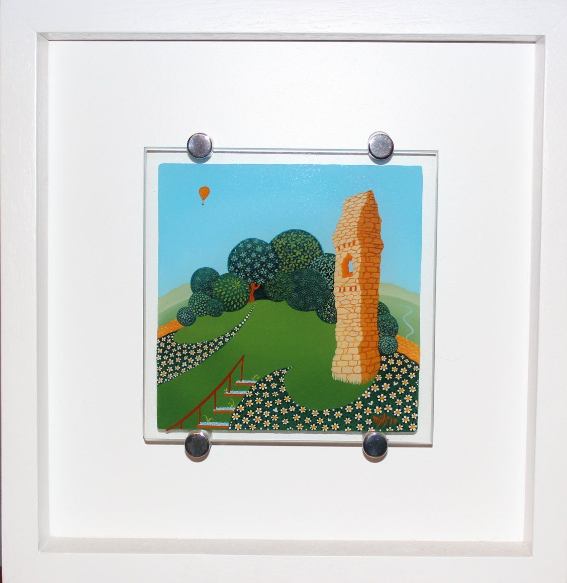 Melanie Hodge reverse glass painting with oil of Bramber Castle highly detailed original of tower and tiny balloon in sky
