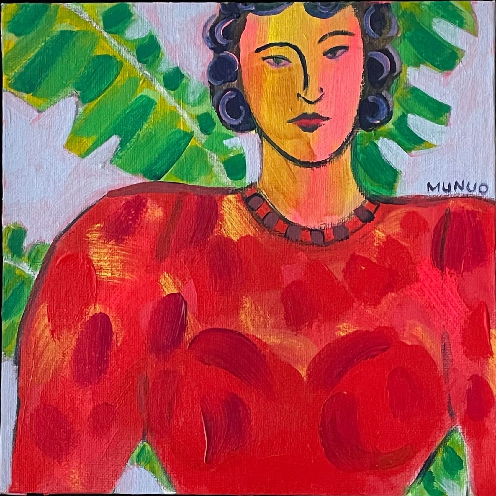 Naomi Munuo framed bright colour acrylic painting girl with red jumper and purple  green leafy plant behind
