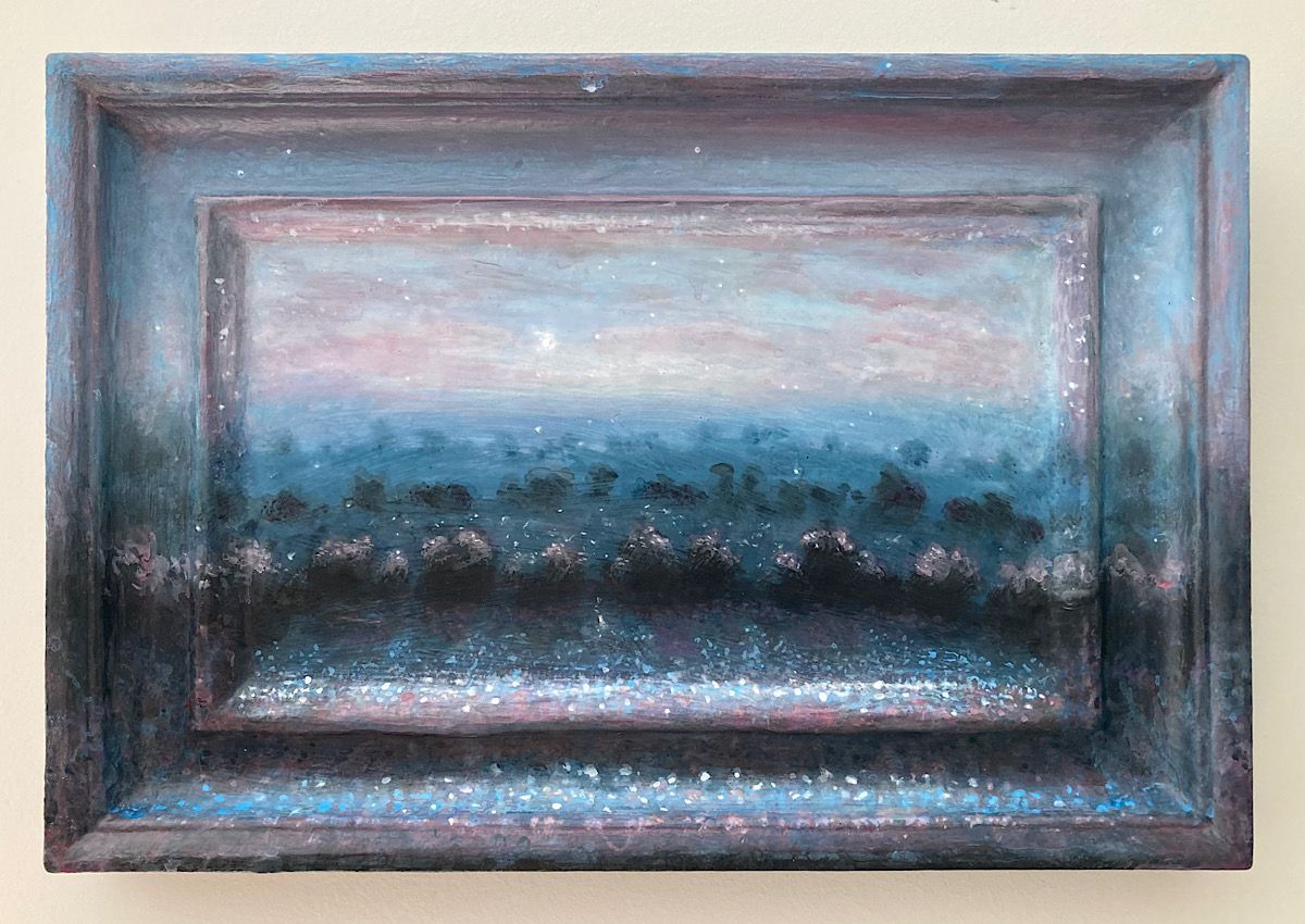 Ink and acrylic painting by artist Nichola Campbell. Dark blue and purple abstract moonscape with pale speckled light. Landscape which extends over painted frame.