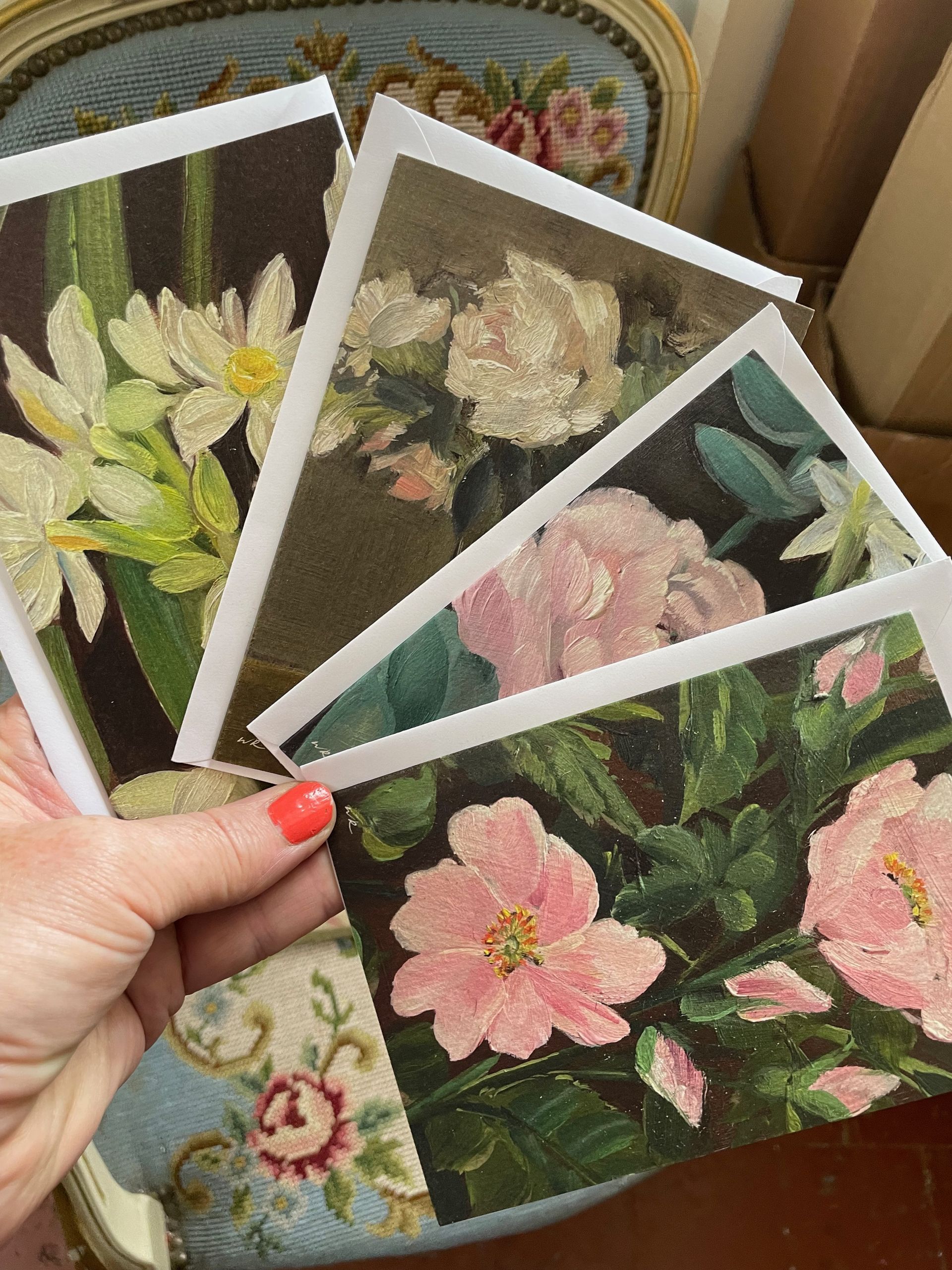 Set four cards dark florals from original oil paintings by wendy Rowark exclusive designs to Artologie Limited, Cuckfield