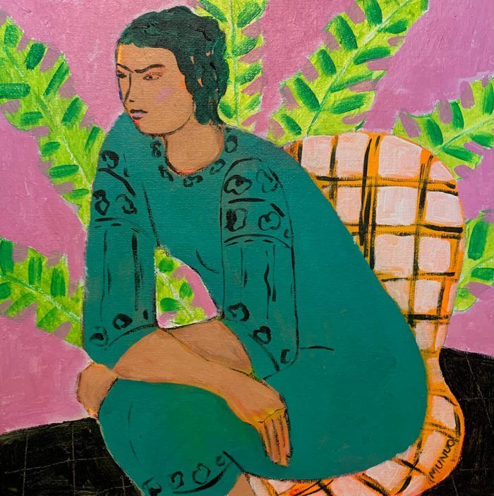 seated figure painting naomi muno pink ground with pale green fern and girl in jade dress seated on a checked chair