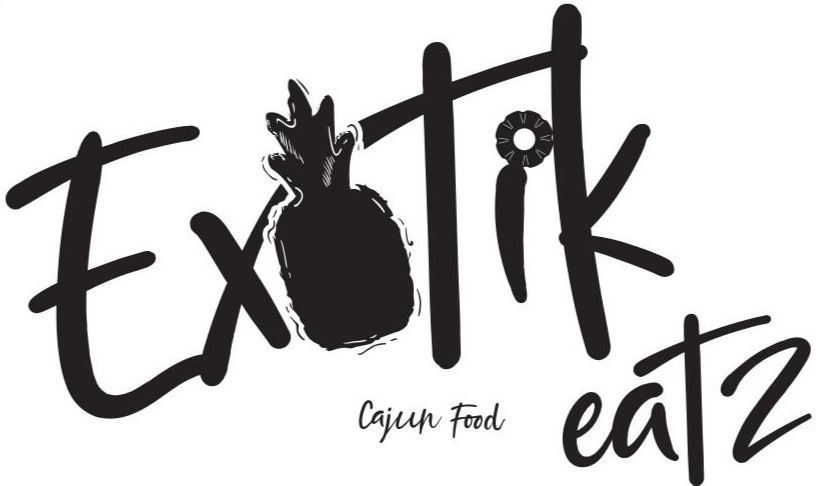 A black and white logo for a restaurant called exotik eatz