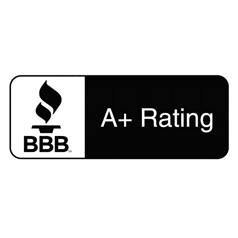 A black and white bbb a+ rating logo on a white background.