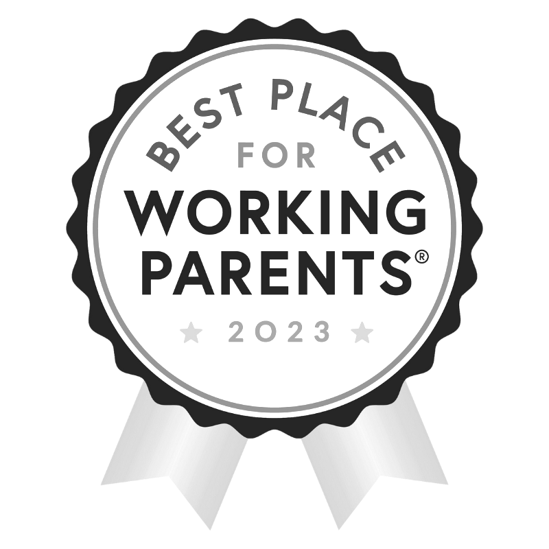 A black and white badge that says `` best place for working parents ''.