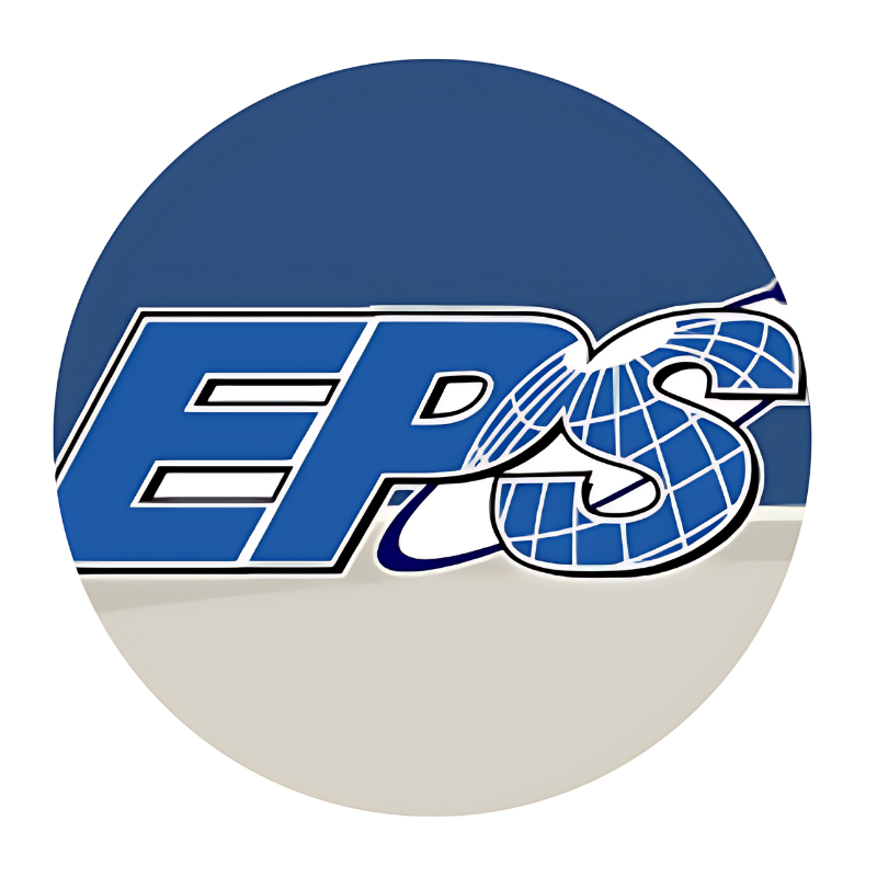 A blue and white logo for eps with a globe in the middle