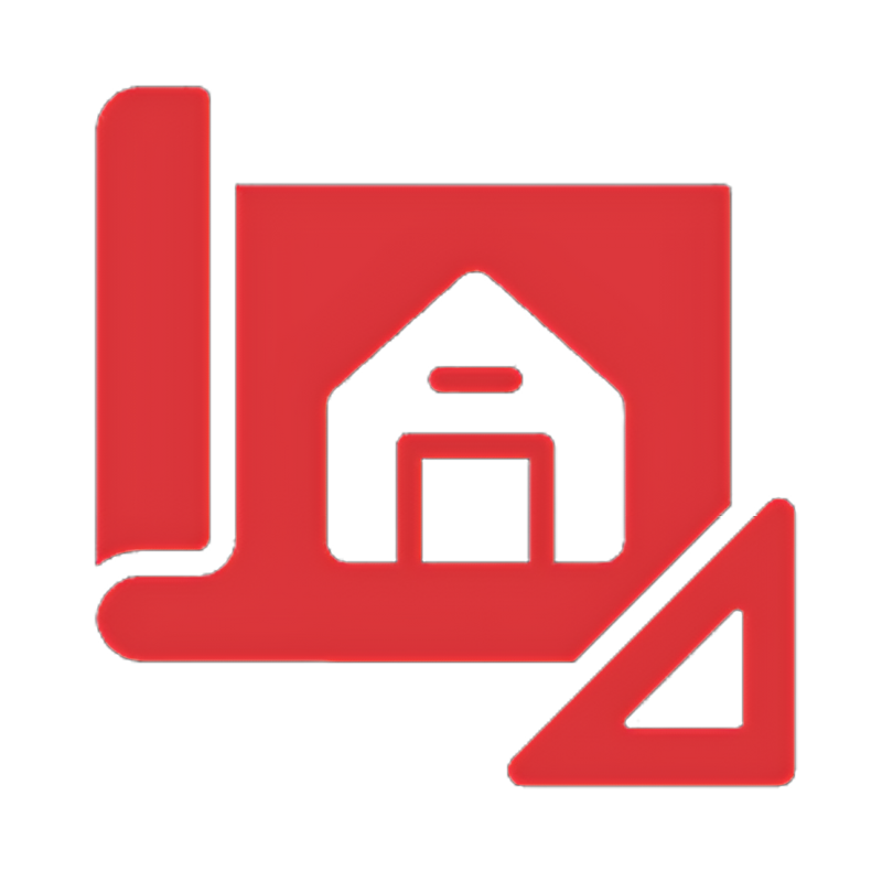 A red icon of a house and a triangle on a white background.