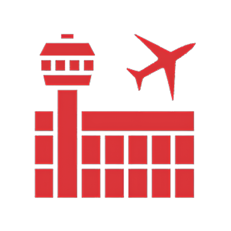 A red icon of an airport with an airplane flying over it.