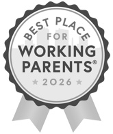 Award seal: "Best Place for Working Parents" 2026, blue and gold with cityscape backdrop.