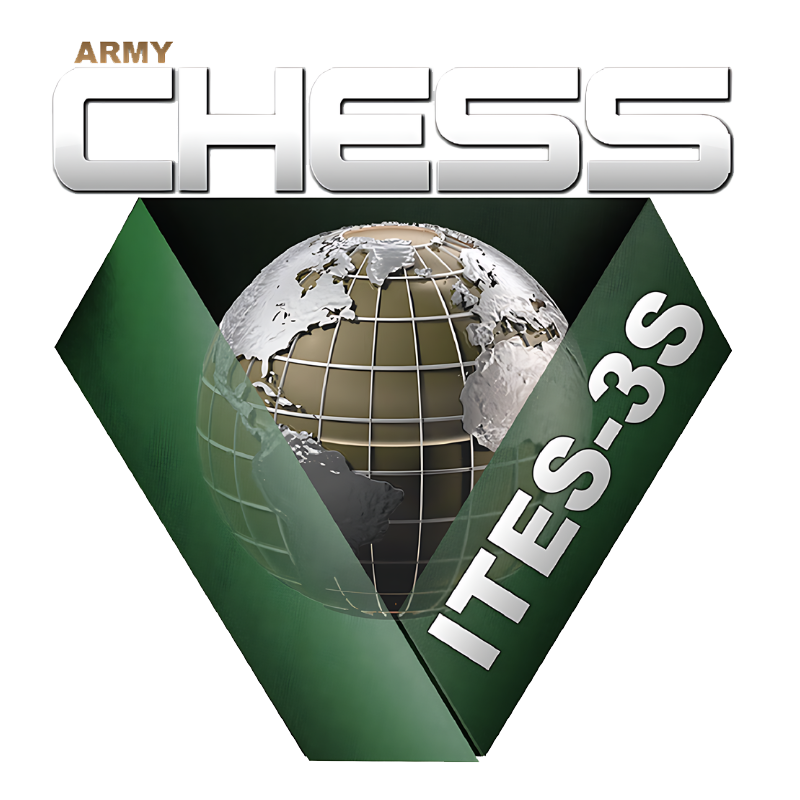 A logo for army chess with a globe in the middle