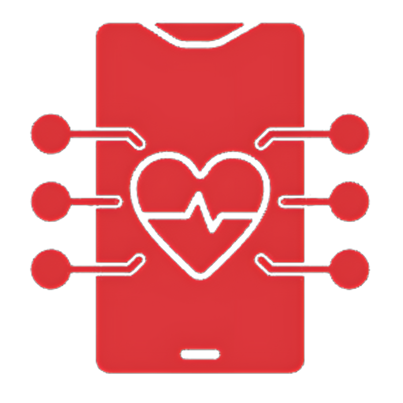 A red cell phone with a heart and a heartbeat on it.