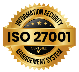 A gold certified iso 27001 seal with a check mark.