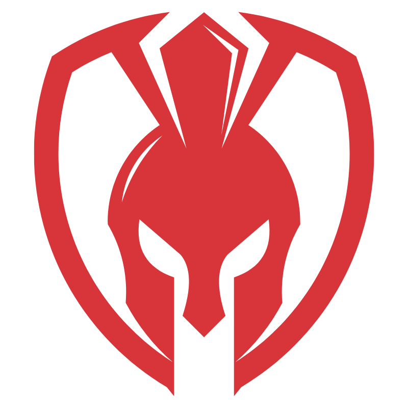 A red spartan helmet with a shield around it