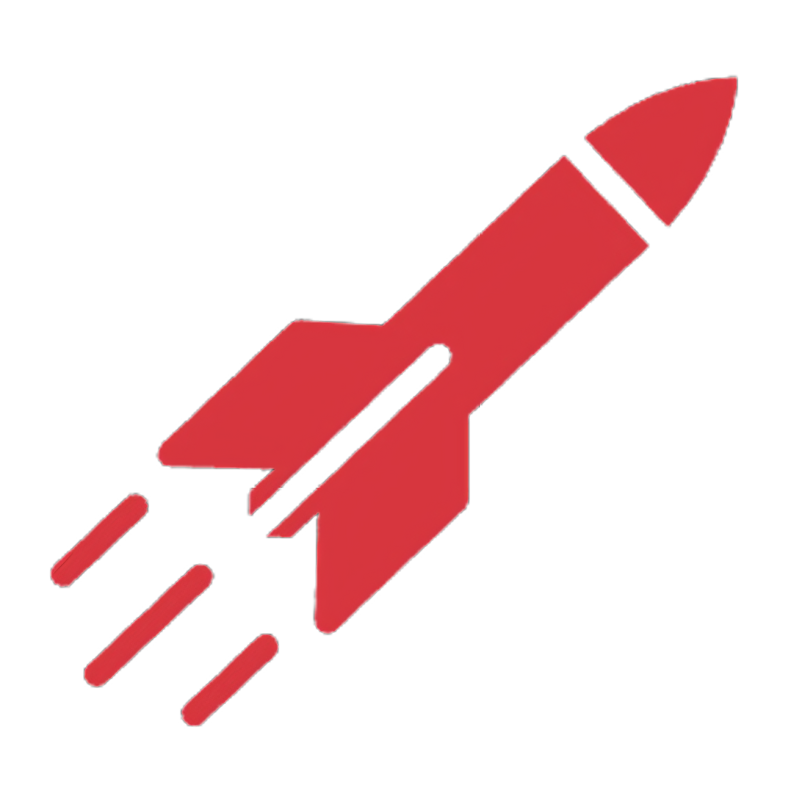 A red rocket is flying through the air on a white background.