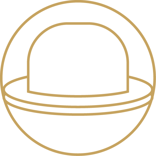 Goudkleurige omtrek van een bol met een halve koepelvorm en een rond platform.