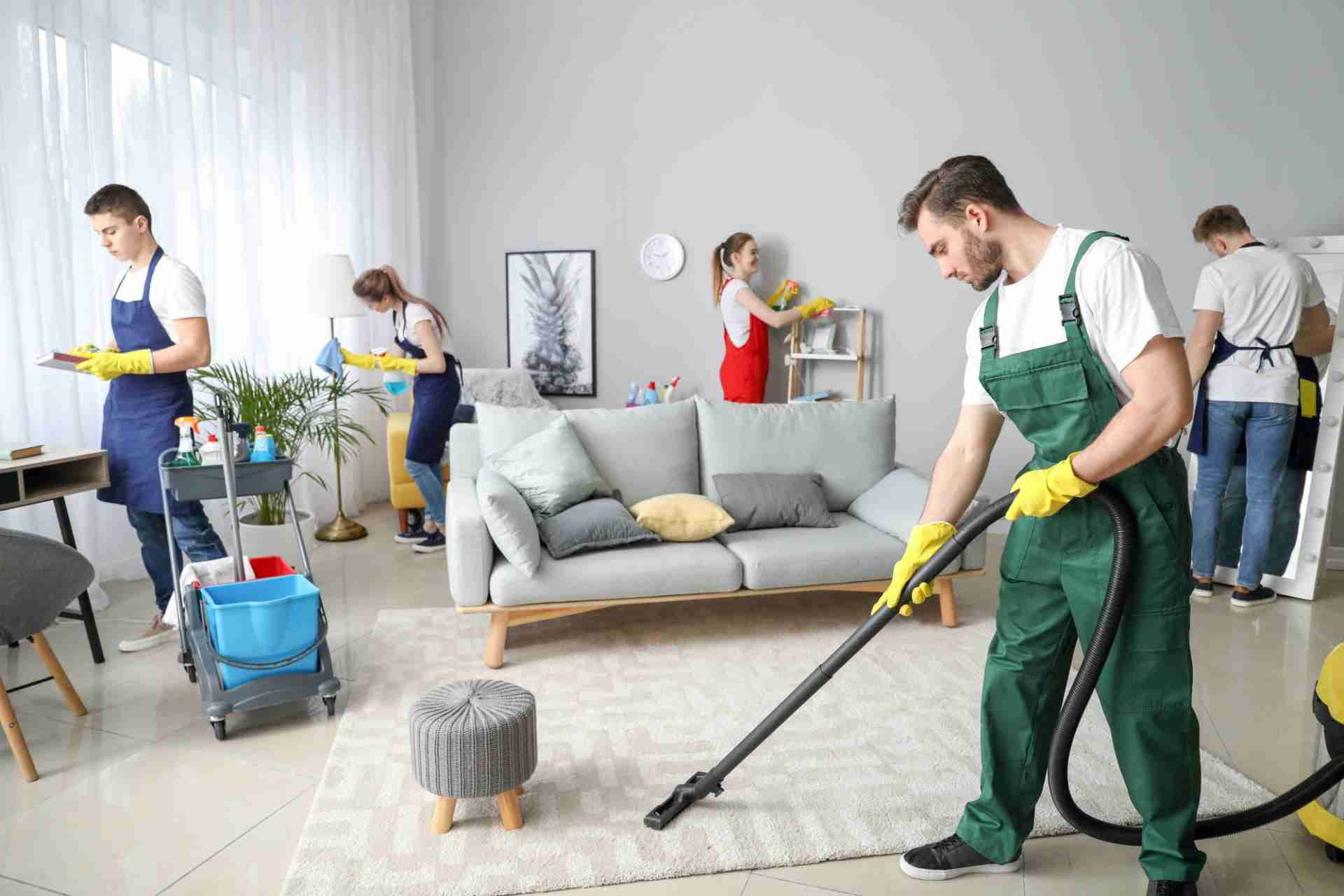 A team of cleaners in uniforms works together to tidy a bright living room, vacuuming rugs and dusting furniture.