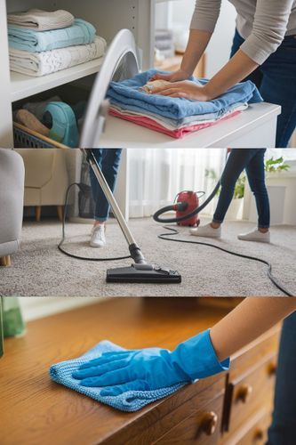 A three-part image showing household chores: folding laundry, vacuuming a carpet, and dusting a wooden surface.