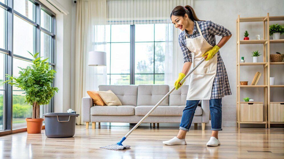 A person in an apron and gloves mops a hardwood floor in a sunlit living room.