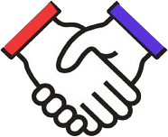 Line art of two hands shaking, one with a red cuff and one with a blue cuff, symbolizing cooperation and agreement.