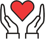 Two stylized hands held palms up, supporting a large, red heart symbol above them.