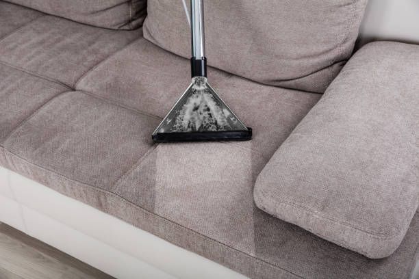 A vacuum extraction tool cleans a section of a light gray upholstered sofa, revealing a visible difference in cleanliness.
