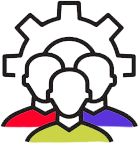 Three stylized human silhouettes in red, yellow, and purple positioned in front of a black gear icon.