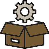 A light brown gear icon hovering above an open, dark brown cardboard box.