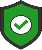 A green shield icon featuring a white circle with a green checkmark inside, representing safety or verification.