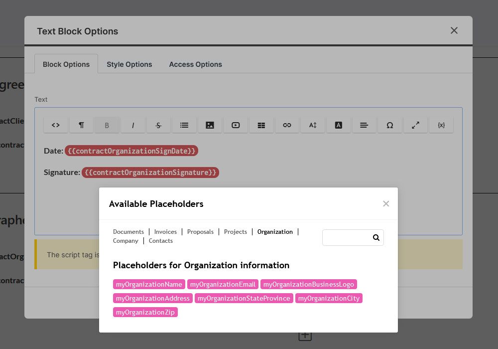 A screenshot of the text block options window
