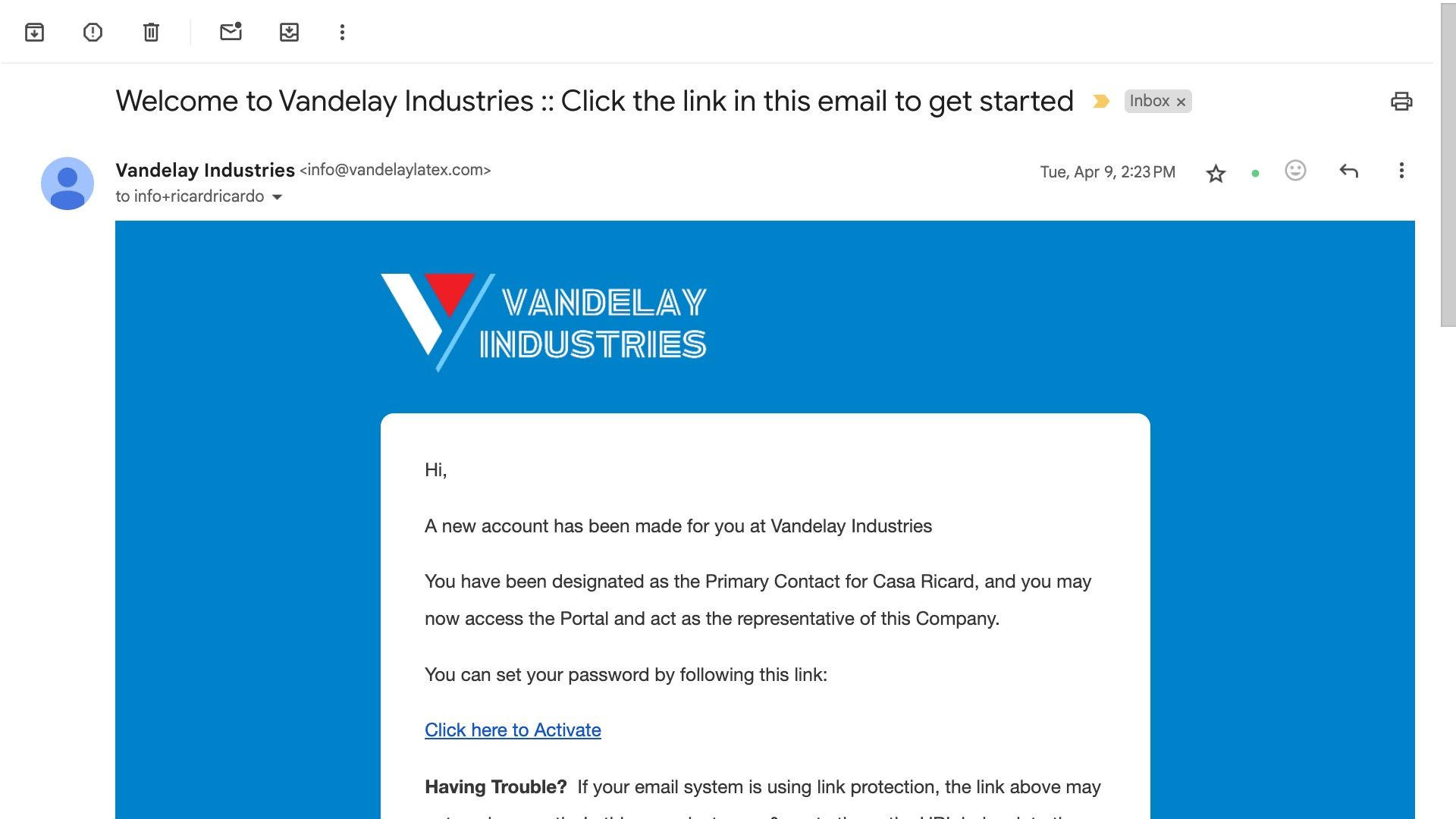 A screenshot of an email from a company called v & n lay industries.