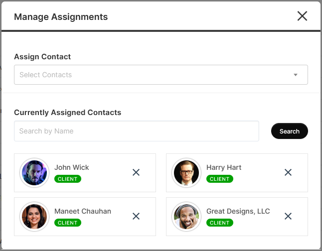 A screenshot of the manage assignments page on a computer.